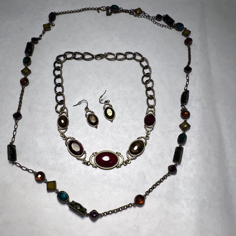 Vintage Avon Brass Tone Jewel Tone Stone Necklace and Earring Set Boho Victorian